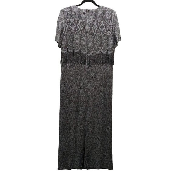 Vintage Cartise Plus Women's Silver Maxi Dress w/Fringe  Short Sleeve Size 14 - Picture 4 of 4